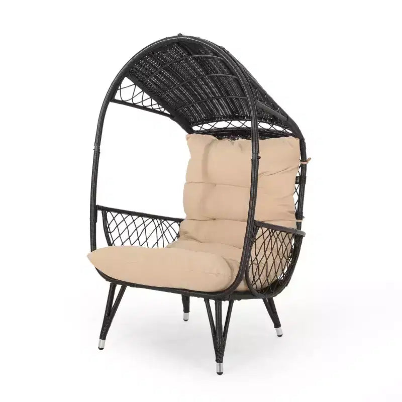 Chaise d'extérieur œuf Okak avec coussins, fauteuil d'appoint de terrasse avec accoudoirs et auvent d'ombrage, chaises de porche pour jardin, cour, balcon, marron