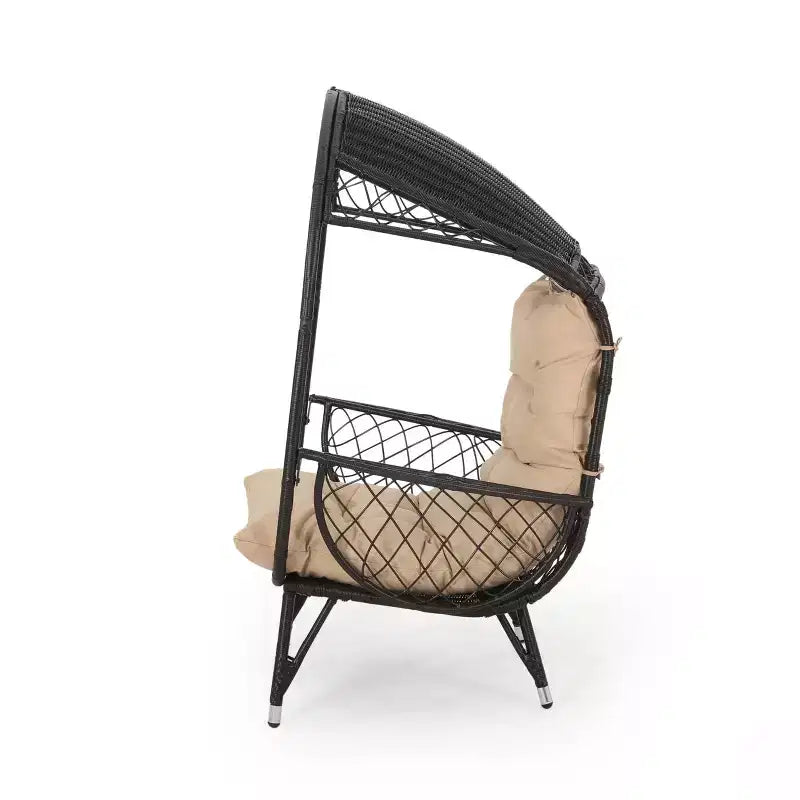 Chaise d'extérieur œuf Okak avec coussins, fauteuil d'appoint de terrasse avec accoudoirs et auvent d'ombrage, chaises de porche pour jardin, cour, balcon, marron