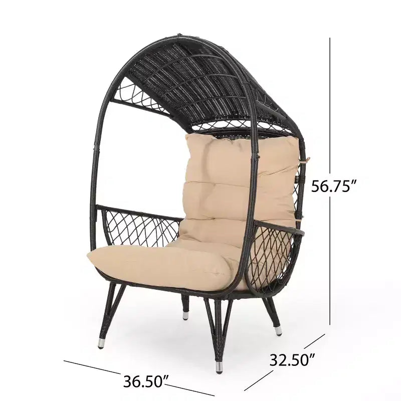 Chaise d'extérieur œuf Okak avec coussins, fauteuil d'appoint de terrasse avec accoudoirs et auvent d'ombrage, chaises de porche pour jardin, cour, balcon, marron