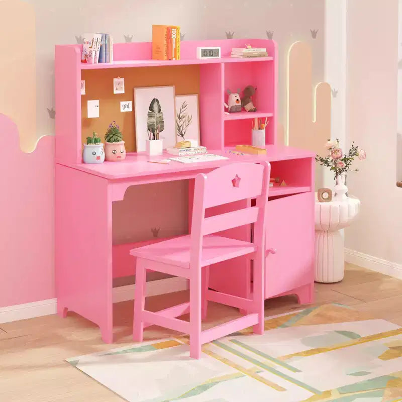 Kids Study Desk and Chair Set with Storage, Ergonomic Toddler Learning Table with Bookshelf, Engineered Wood, Ages 3-8