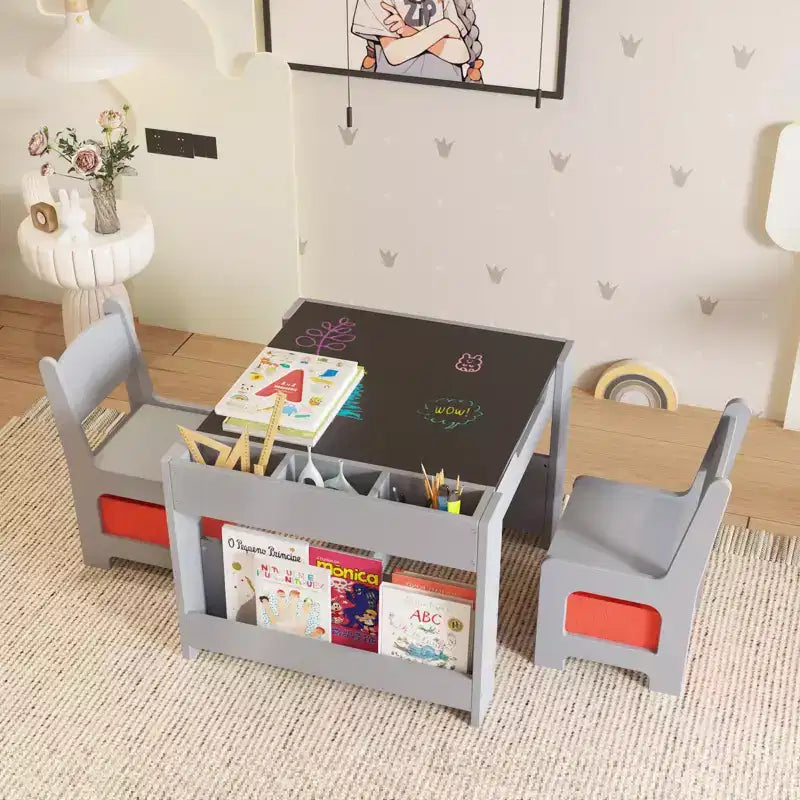 Kids Table and Chair Set, 4 in 1 Wooden Activity Table & 2 Chairs with Storage Drawer Detachable Tabletop for Toddlers Kids Drawing, Reading, Crafts