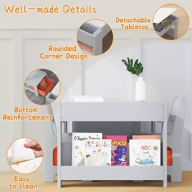 Ensemble table et chaises pour enfants, table d'activités en bois 4 en 1 et 2 chaises avec tiroir de rangement, plateau amovible pour le dessin, la lecture et les activités créatives des tout-petits et des enfants