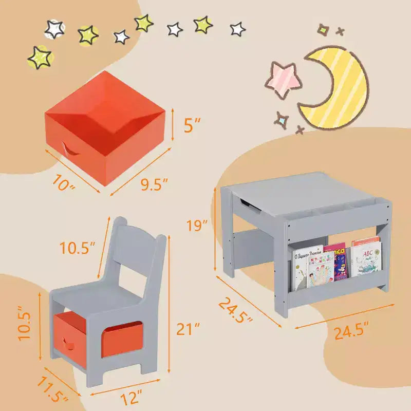 Ensemble table et chaises pour enfants, table d'activités en bois 4 en 1 et 2 chaises avec tiroir de rangement, plateau amovible pour le dessin, la lecture et les activités créatives des tout-petits et des enfants