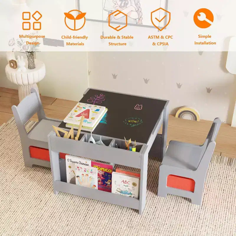 Ensemble table et chaises pour enfants, table d'activités en bois 4 en 1 et 2 chaises avec tiroir de rangement, plateau amovible pour le dessin, la lecture et les activités créatives des tout-petits et des enfants