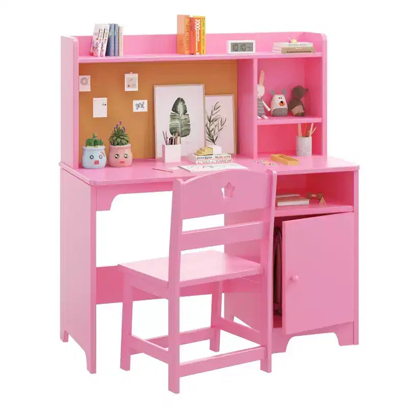 Modern Kids Desk and Chair Set with Storage Hutch, Wooden Study Table Workstation with Cabinet for Children's Room, Pink