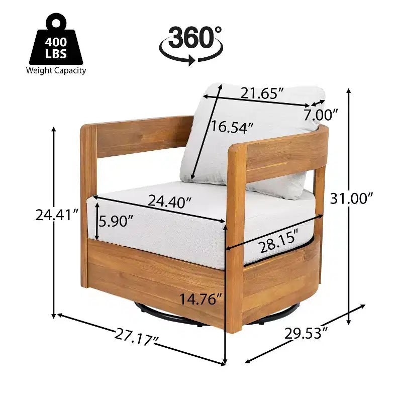 Christopher Knight Home Hira Fauteuil club pivotant moderne d'extérieur en bois d'acacia avec coussins épais et dossier incurvé