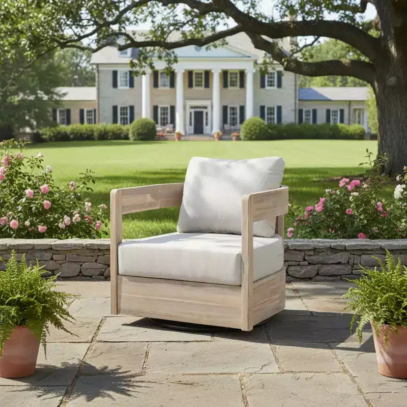 Christopher Knight Home Hira Modern Outdoor Acacia Wood Swivel Club Chair with Thick Cushions and Curved Backrest