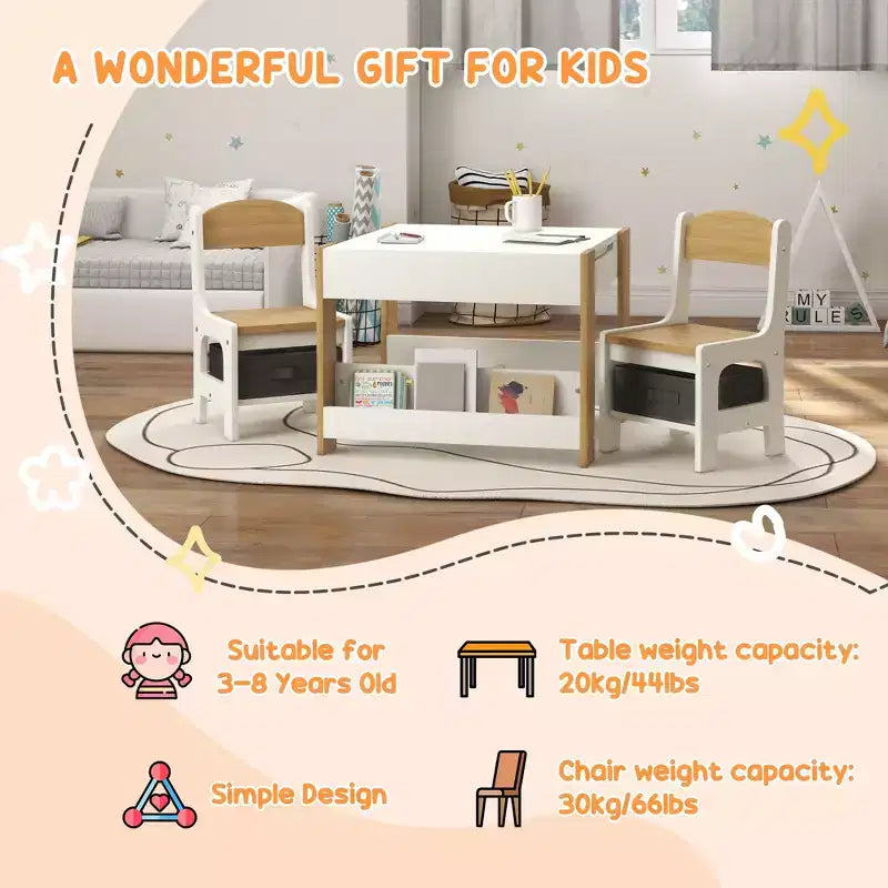 JVNOXK2-en-1 Ensemble bureau et chaise pour tout-petits avec tableau noir réversible, rangement et étagère, combinaison bureau et chaise 3 pièces pour enfants