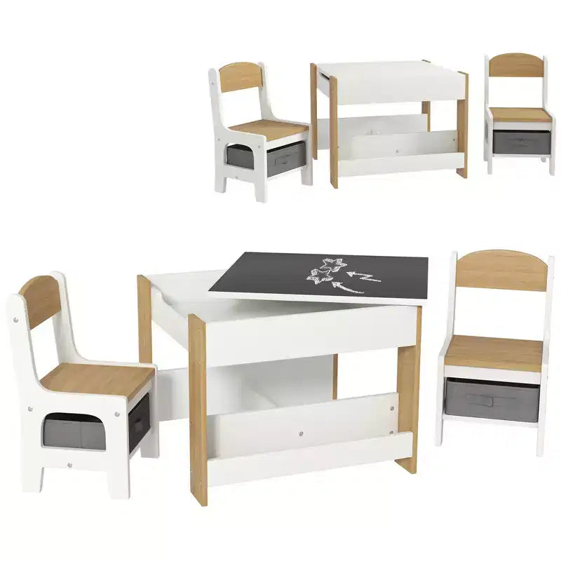 JVNOXK2-en-1 Ensemble bureau et chaise pour tout-petits avec tableau noir réversible, rangement et étagère, combinaison bureau et chaise 3 pièces pour enfants