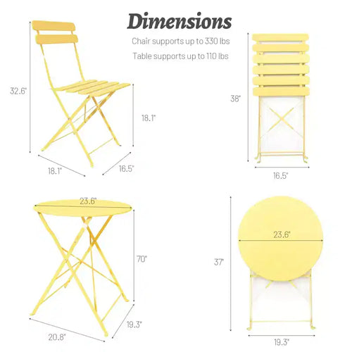 1 ensemble de 3 pièces en métal comprenant des chaises et tables de bistrot de terrasse ou balcon, de couleur jaune.