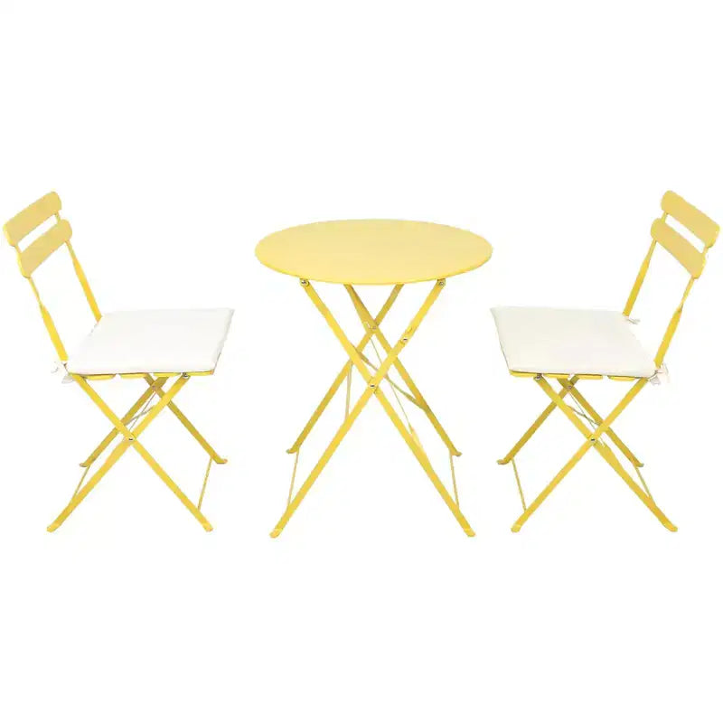 1 ensemble de 3 pièces en métal comprenant des chaises et tables de bistrot de terrasse ou balcon, de couleur jaune.