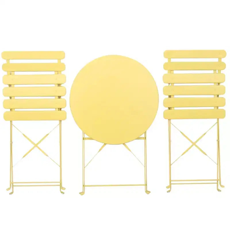 1 ensemble de 3 pièces en métal comprenant des chaises et tables de bistrot de terrasse ou balcon, de couleur jaune.
