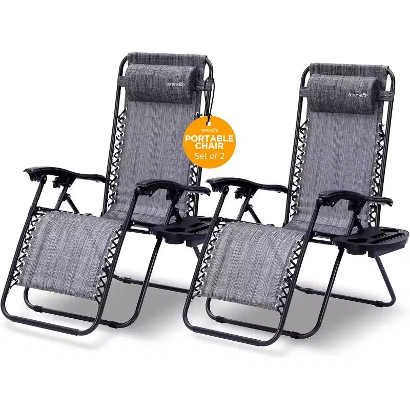 SereneLife Outdoor Recliners with Plastic Cup Holder Side Table and Padded Headrest Pillows (Gray)  2 Pack