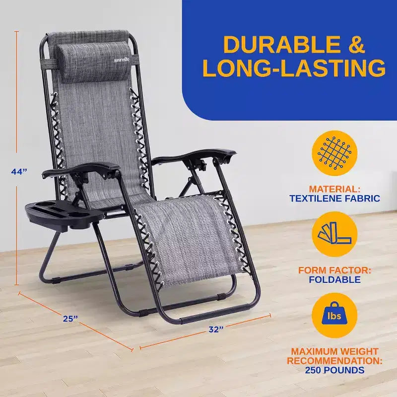 Chaises longues d'extérieur SereneLife avec table d'appoint porte-gobelet en plastique et oreillers rembourrés (gris) - Lot de 2