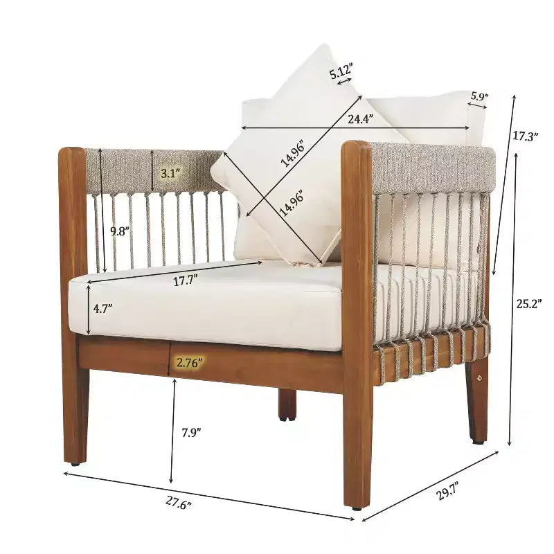 Fauteuils d'appoint de patio TUYOHW avec cadre en corde tressée à la main, 1 pièce, fauteuil de jardin rembourré en acacia pour jardin et cour, capacité de 180 kg