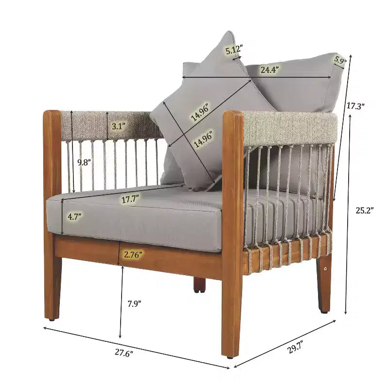 Fauteuils d'appoint de patio TUYOHW avec cadre en corde tressée à la main, 1 pièce, fauteuil de jardin rembourré en acacia pour jardin et cour, capacité de 180 kg