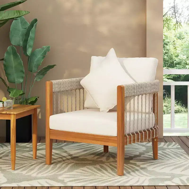 TUYOHW Patio Accent Chairs with Handwoven Rope Frame,1-Piece,Upholstered Outdoor Armchair Acacia Club Chair for Backyard&Garden,400lbs Capacity