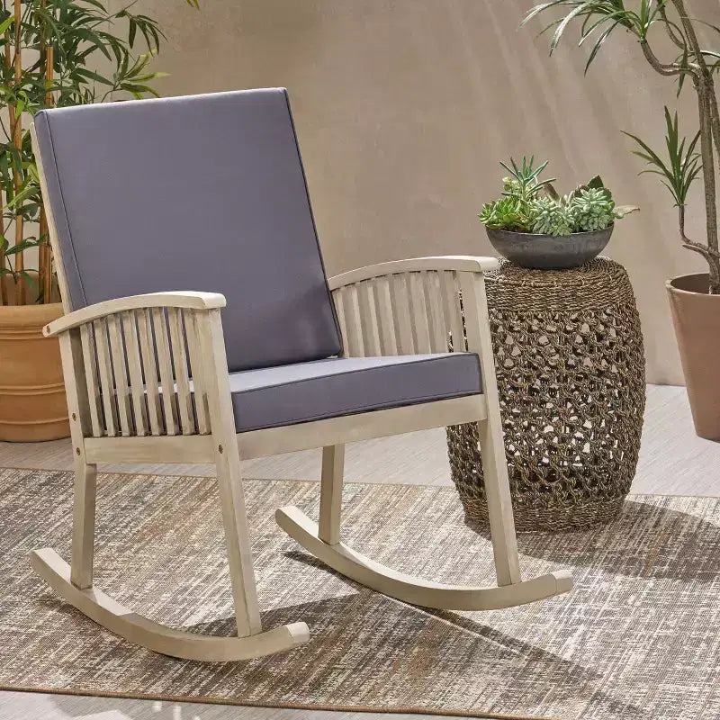 TUYOHW Premium Acacia Patio Rocking Chair,Boho Style Outdoor Accent Chair,Set of 1,Upholstered Leisure Chair for Porch,Backyard & Garden,Gray