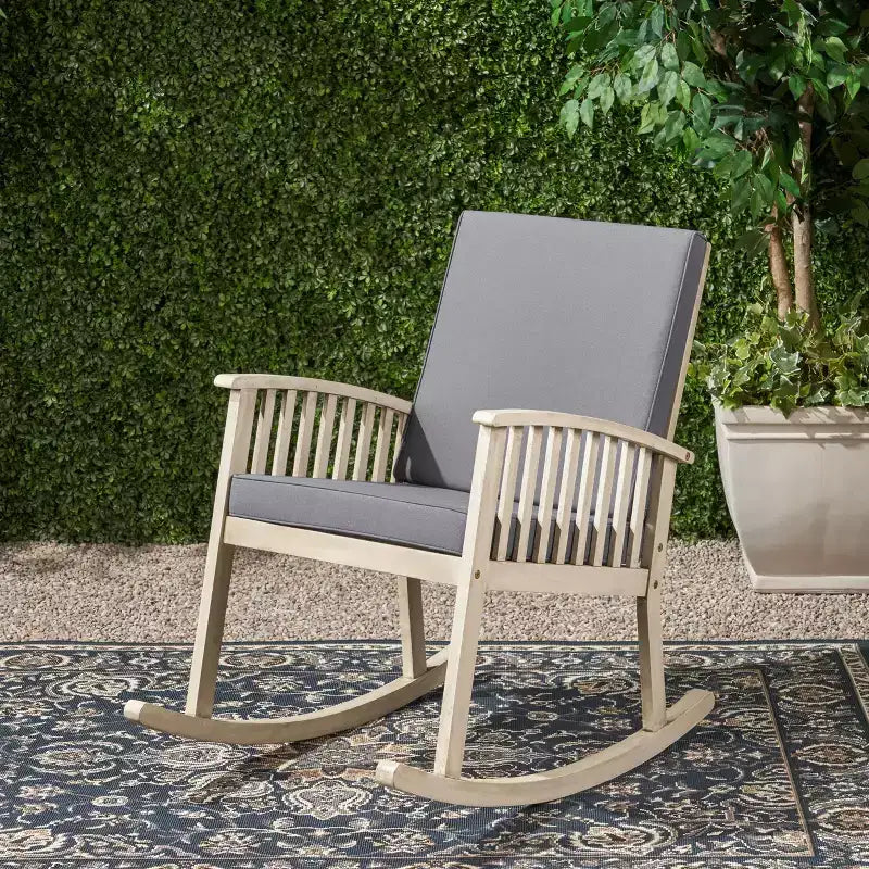 Fauteuil à bascule d'extérieur haut de gamme en acacia TUYOHW, style bohème, 1 pièce, rembourré, pour porche, jardin et terrasse, gris