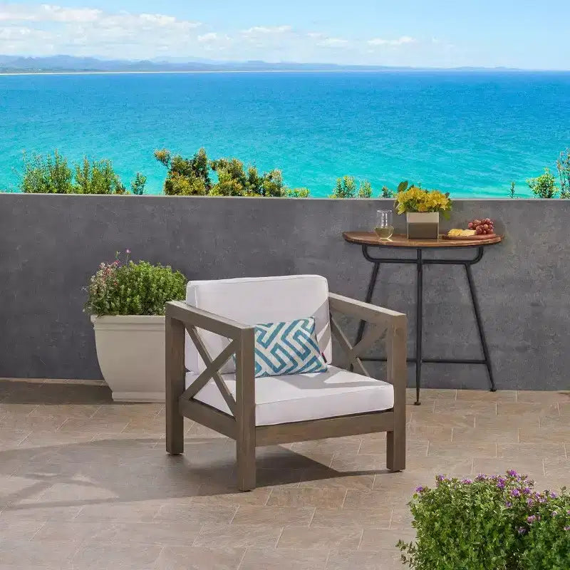 Fauteuil Club en bois d'acacia TUYOHW, fauteuil d'appoint de patio de style moderne du milieu du siècle avec coussin résistant à l'eau pour jardin ou bord de piscine