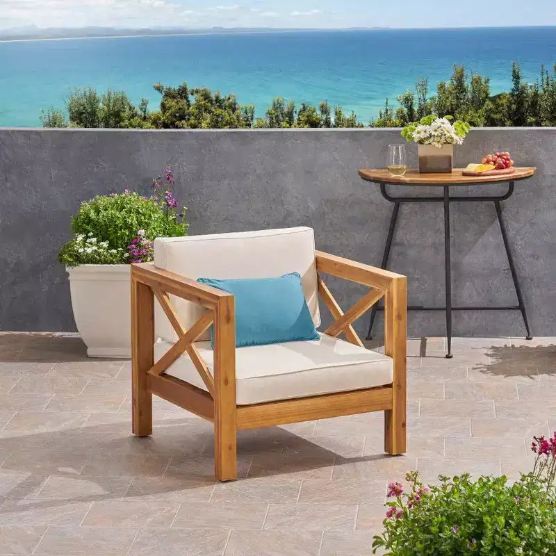 Fauteuil Club en bois d'acacia TUYOHW, fauteuil d'appoint de patio de style moderne du milieu du siècle avec coussin résistant à l'eau pour jardin ou bord de piscine