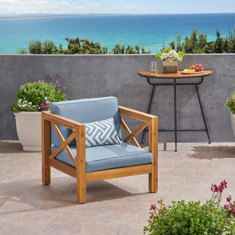 Fauteuil Club en bois d'acacia TUYOHW, fauteuil d'appoint de patio de style moderne du milieu du siècle avec coussin résistant à l'eau pour jardin ou bord de piscine