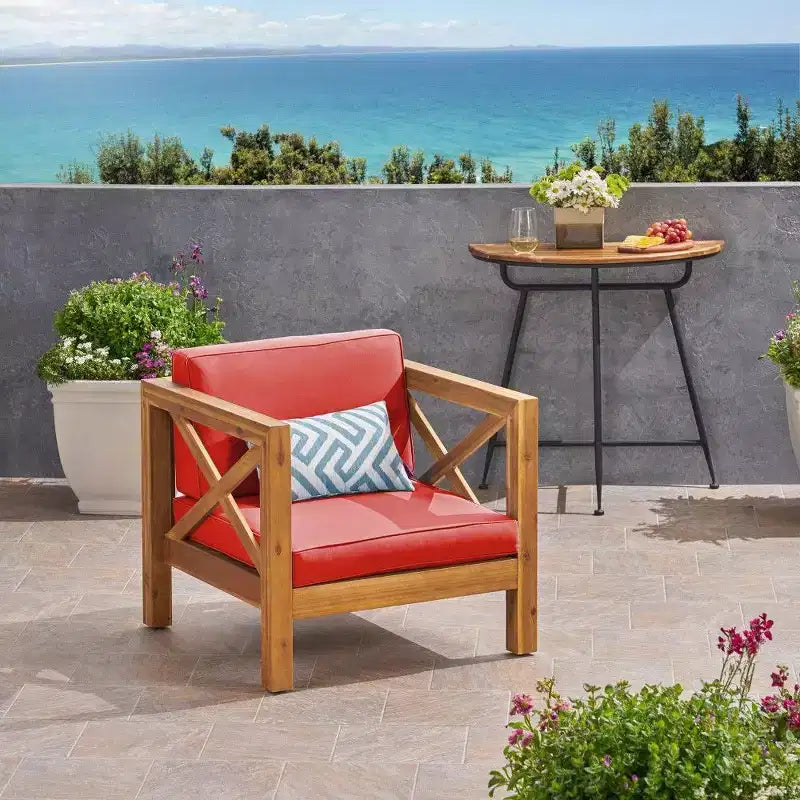 Fauteuil Club en bois d'acacia TUYOHW, fauteuil d'appoint de patio de style moderne du milieu du siècle avec coussin résistant à l'eau pour jardin ou bord de piscine