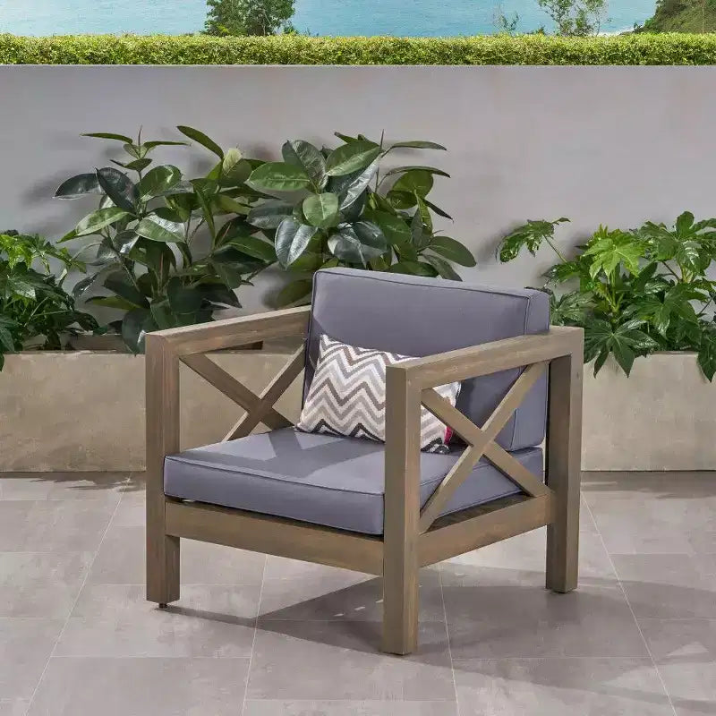 Fauteuil Club en bois d'acacia TUYOHW, fauteuil d'appoint de patio de style moderne du milieu du siècle avec coussin résistant à l'eau pour jardin ou bord de piscine