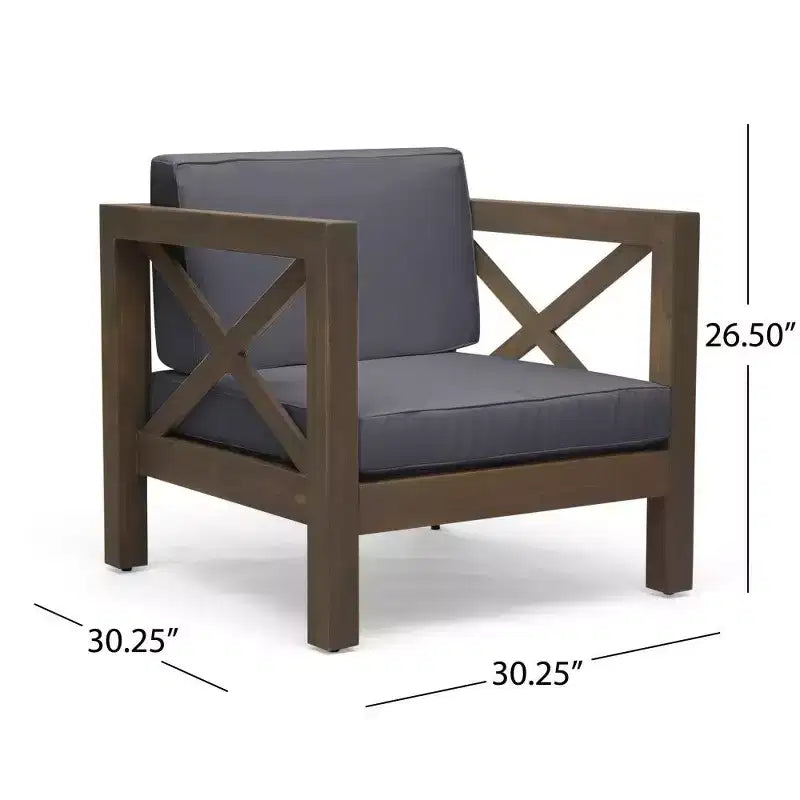 Fauteuil Club en bois d'acacia TUYOHW, fauteuil d'appoint de patio de style moderne du milieu du siècle avec coussin résistant à l'eau pour jardin ou bord de piscine