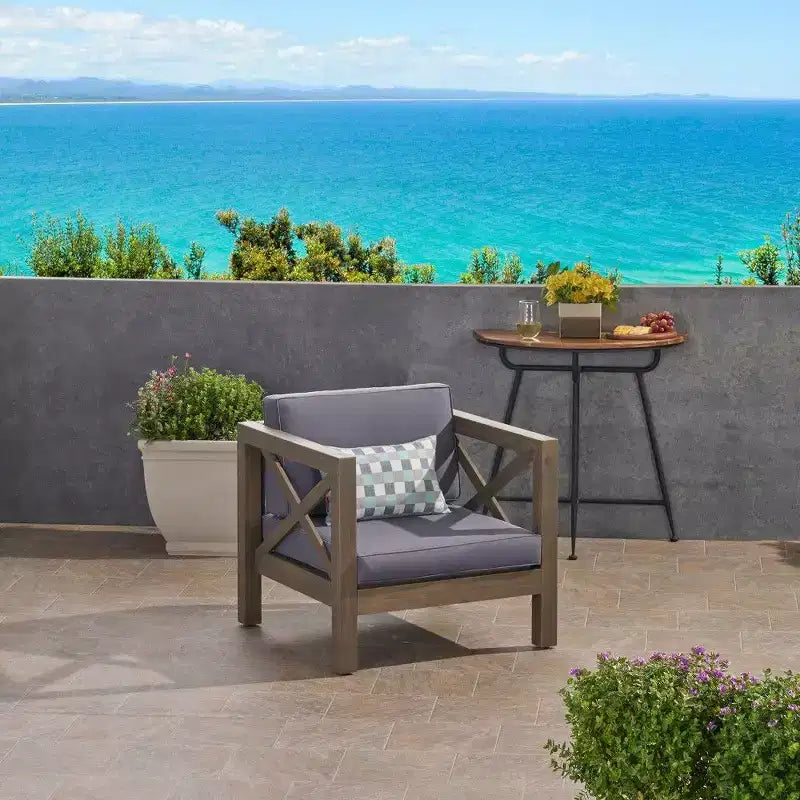 Fauteuil Club en bois d'acacia TUYOHW, fauteuil d'appoint de patio de style moderne du milieu du siècle avec coussin résistant à l'eau pour jardin ou bord de piscine