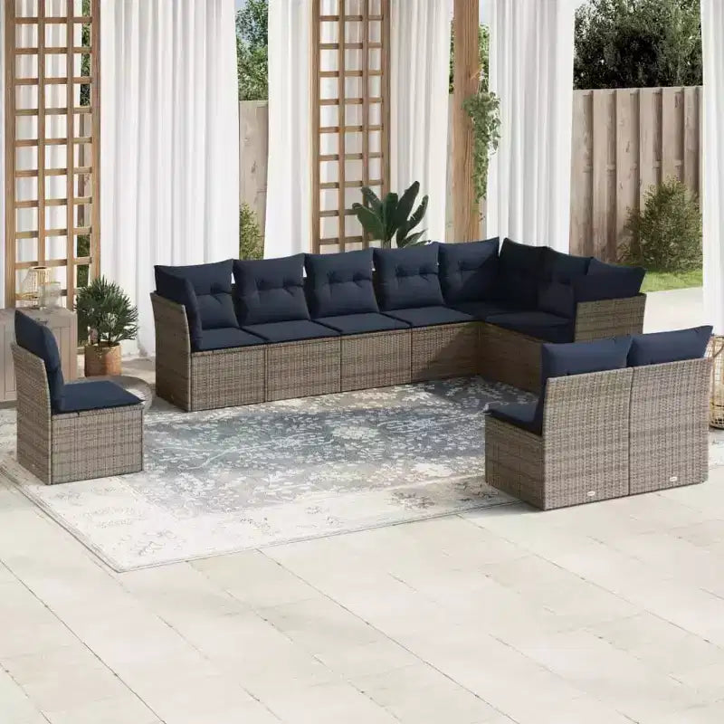vidaXL Ensemble de canapés de jardin 10 pcs avec coussins résine tressée noir - Noir et bleu Sans table