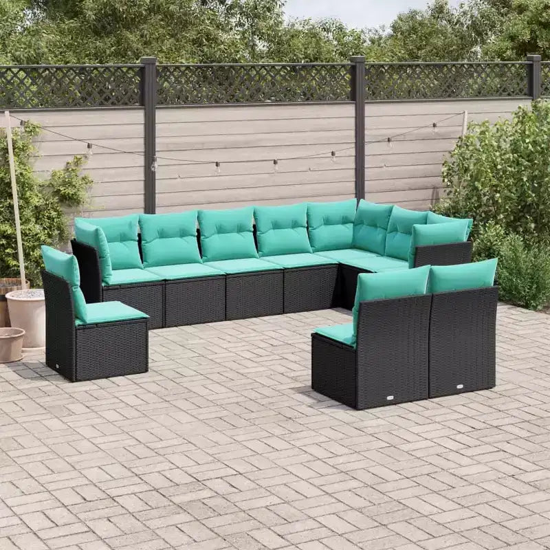 vidaXL Ensemble de canapés de jardin 10 pcs avec coussins résine tressée noir - Noir et bleu Sans table