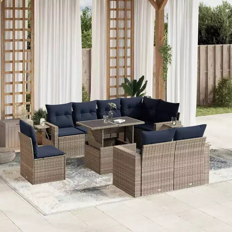 vidaXL Salon de jardin avec coussins, table et canapés 9 pièces en résine tressée