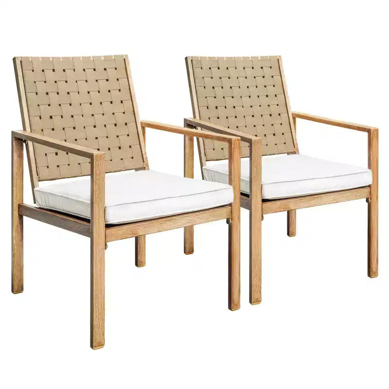 Lot de 2 chaises de patio, chaises de salle à manger extérieures faites à la main avec cordon de serrage, imperméables avec coussin, chaises en métal pour patio, terrasse, jardin, cour – Motif grain de bois