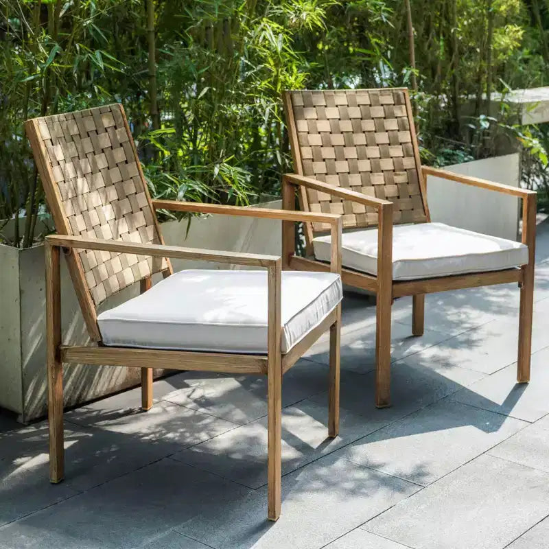 Lot de 2 chaises de patio, chaises de salle à manger extérieures faites à la main avec cordon de serrage, imperméables avec coussin, chaises en métal pour patio, terrasse, jardin, cour – Motif grain de bois