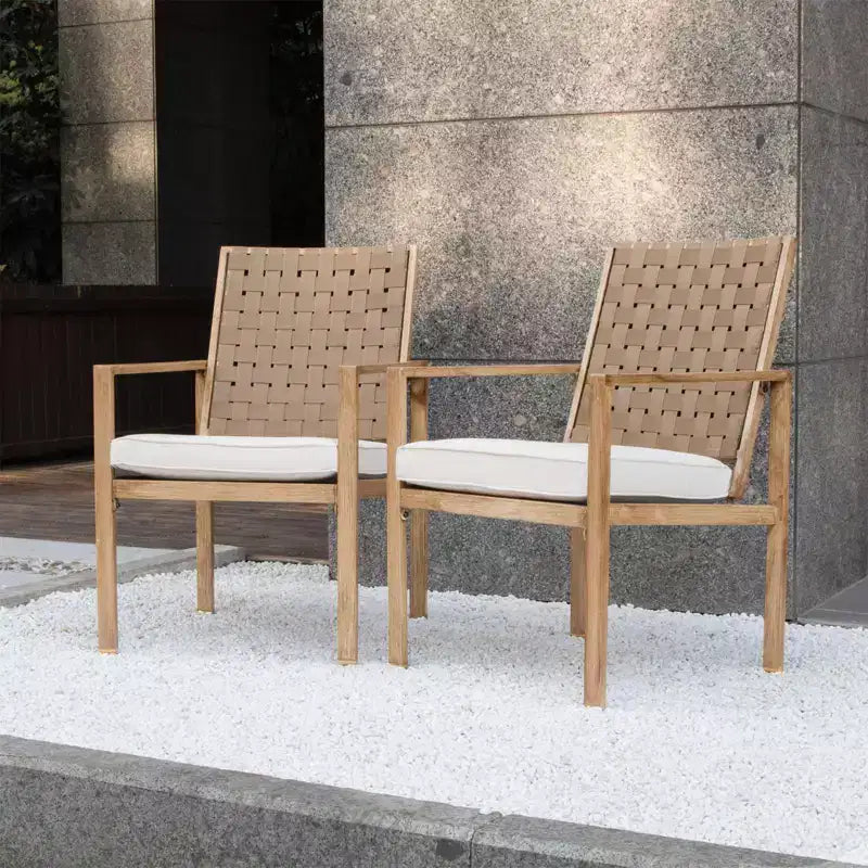 Lot de 2 chaises de patio, chaises de salle à manger extérieures faites à la main avec cordon de serrage, imperméables avec coussin, chaises en métal pour patio, terrasse, jardin, cour – Motif grain de bois