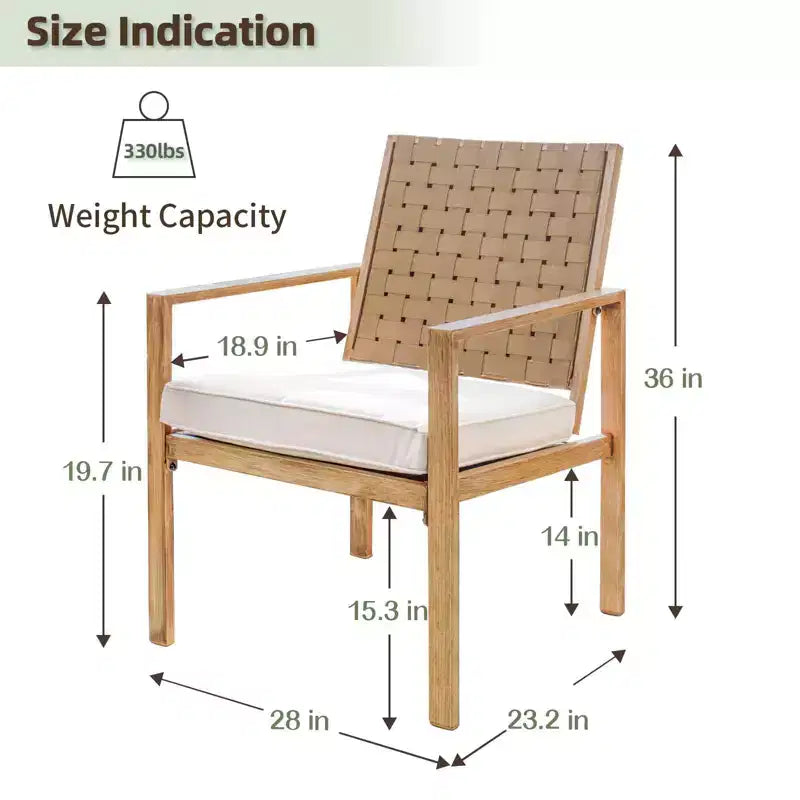 Lot de 2 chaises de patio, chaises de salle à manger extérieures faites à la main avec cordon de serrage, imperméables avec coussin, chaises en métal pour patio, terrasse, jardin, cour – Motif grain de bois