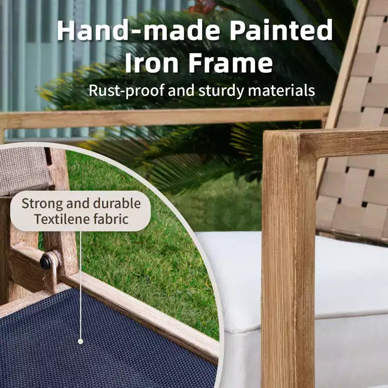 Lot de 2 chaises de patio, chaises de salle à manger extérieures faites à la main avec cordon de serrage, imperméables avec coussin, chaises en métal pour patio, terrasse, jardin, cour – Motif grain de bois