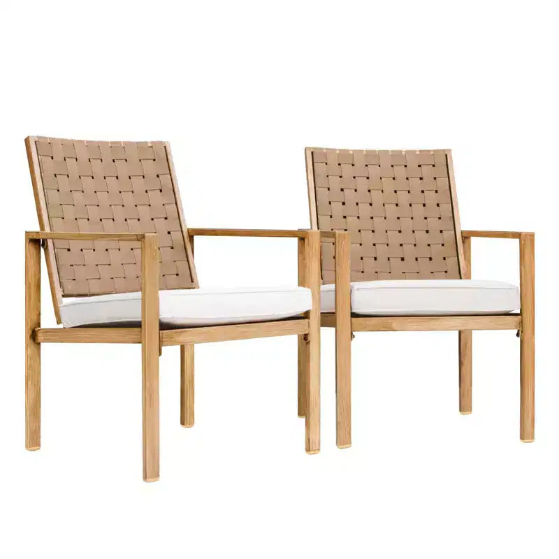 Lot de 2 chaises de patio, chaises de salle à manger extérieures faites à la main avec cordon de serrage, imperméables avec coussin, chaises en métal pour patio, terrasse, jardin, cour – Motif grain de bois