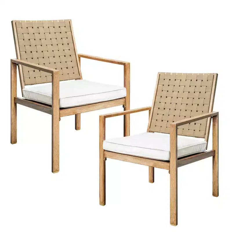 Lot de 2 chaises de patio, chaises de salle à manger extérieures faites à la main avec cordon de serrage, imperméables avec coussin, chaises en métal pour patio, terrasse, jardin, cour – Motif grain de bois