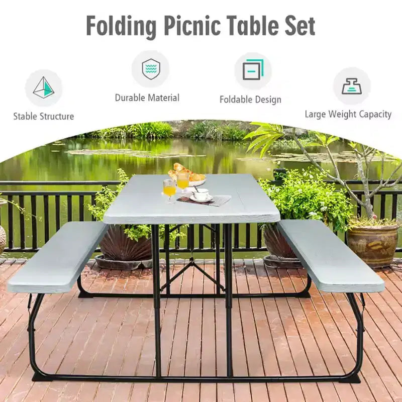 Ensemble table de pique-nique pliante banc intérieur et extérieur avec texture aspect bois