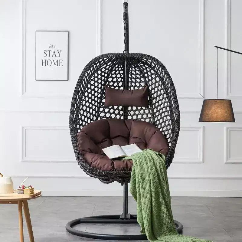 Swinging Chair Hammock Egg Chair Patio Wicker Swing Egg Hanging Chair With Stand, 350lbs Maximum Weight Capacity, Black