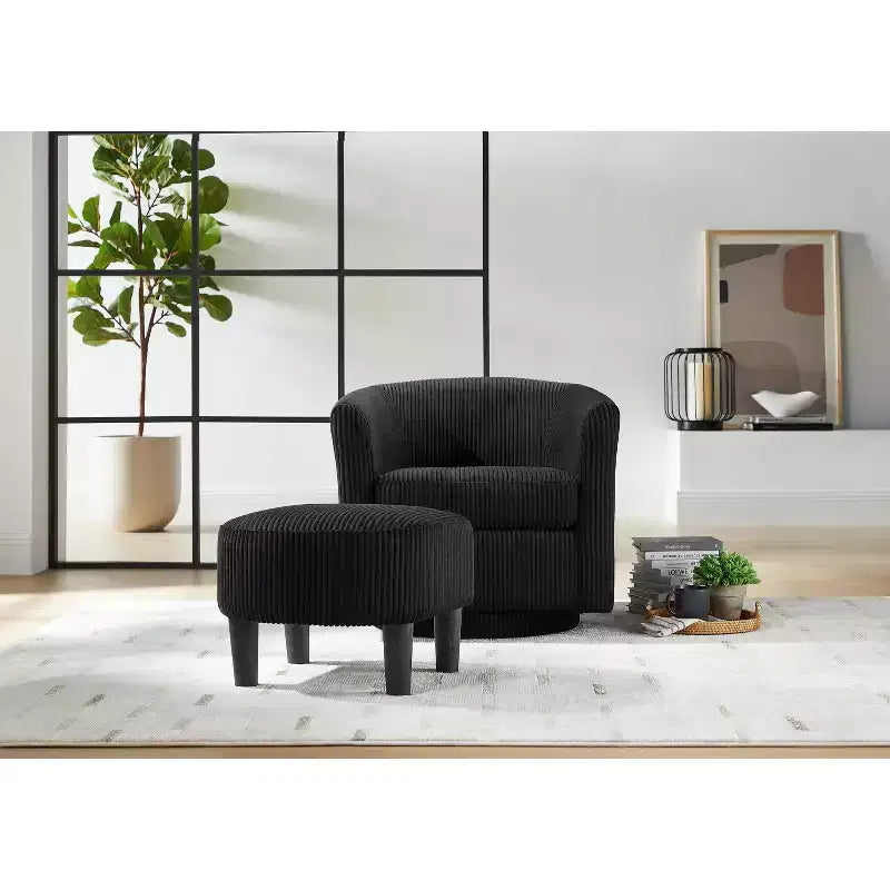 Fauteuil pivotant d'appoint, Fauteuil pivotant moderne avec pouf, Chaises de salon confortables Fauteuils rembourrés Pivotant à 360 degrés en forme de tonneau rond