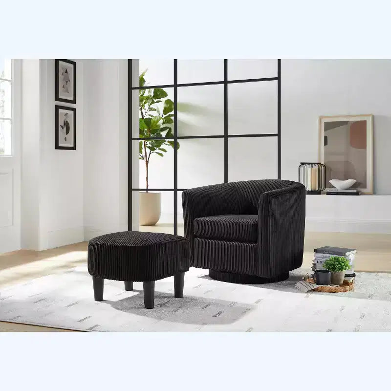 Fauteuil pivotant d'appoint, Fauteuil pivotant moderne avec pouf, Chaises de salon confortables Fauteuils rembourrés Pivotant à 360 degrés en forme de tonneau rond