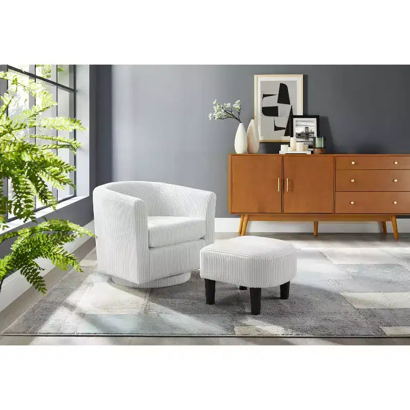 Fauteuil pivotant d'appoint, Fauteuil pivotant moderne avec pouf, Chaises de salon confortables Fauteuils rembourrés Pivotant à 360 degrés en forme de tonneau rond