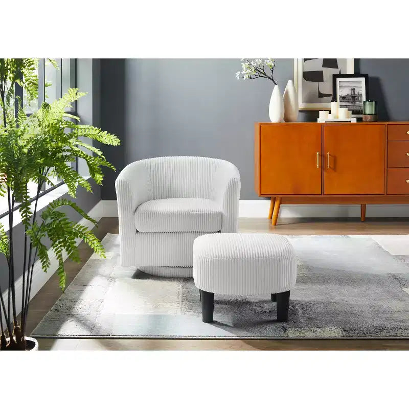 Fauteuil pivotant d'appoint, Fauteuil pivotant moderne avec pouf, Chaises de salon confortables Fauteuils rembourrés Pivotant à 360 degrés en forme de tonneau rond