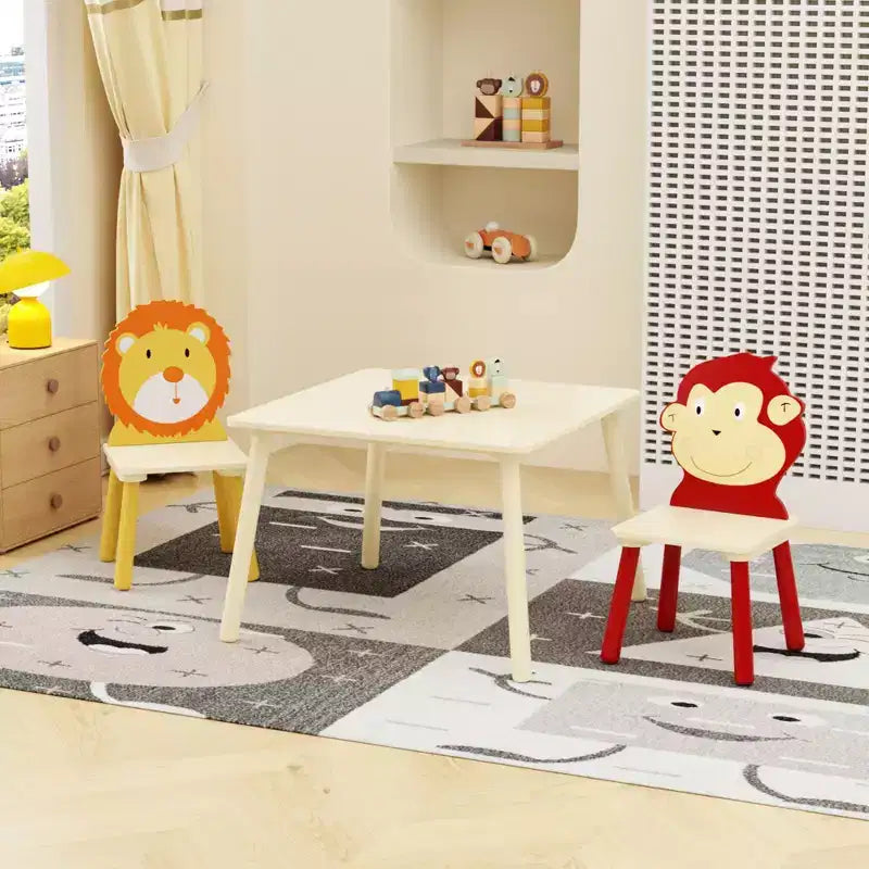 Ensemble table et 2 chaises pour enfants, ensemble table et chaise 3 pièces pour tout-petits, ensemble table de jeu d'activités en bois (Lion et Singe)