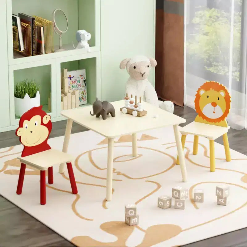 Ensemble table et 2 chaises pour enfants, ensemble table et chaise 3 pièces pour tout-petits, ensemble table de jeu d'activités en bois (Lion et Singe)
