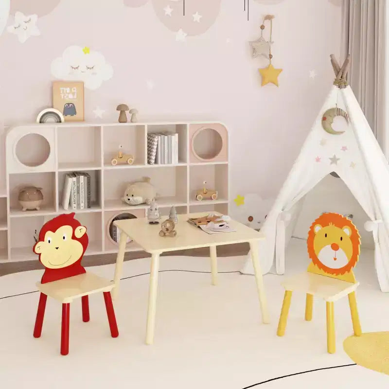 Ensemble table et 2 chaises pour enfants, ensemble table et chaise 3 pièces pour tout-petits, ensemble table de jeu d'activités en bois (Lion et Singe)