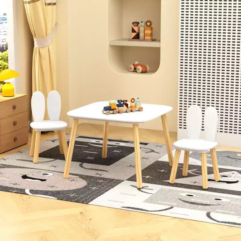 Ensemble table et 2 chaises pour enfants, ensemble table et chaises pour tout-petits 3 pièces sur le thème du lapin, ensemble table de jeu en bois pour enfants, pieds en bois massif (blanc)